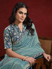 Precious Sea Green Moti Work Paper Silk Event Wear Saree With Blouse