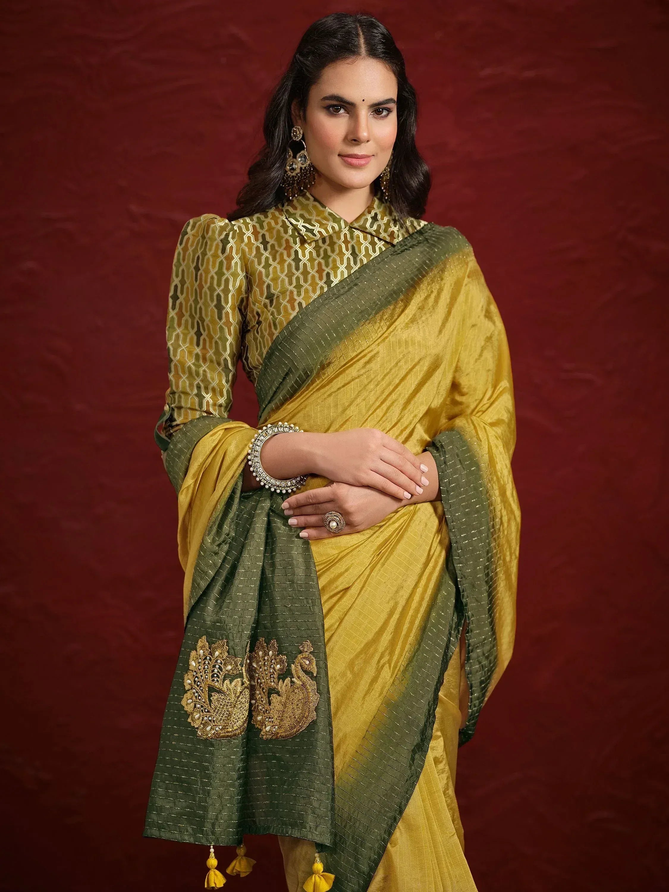 Yellow and green designer saree with peacock embroidery, perfect for Indian ethnic wear occasions