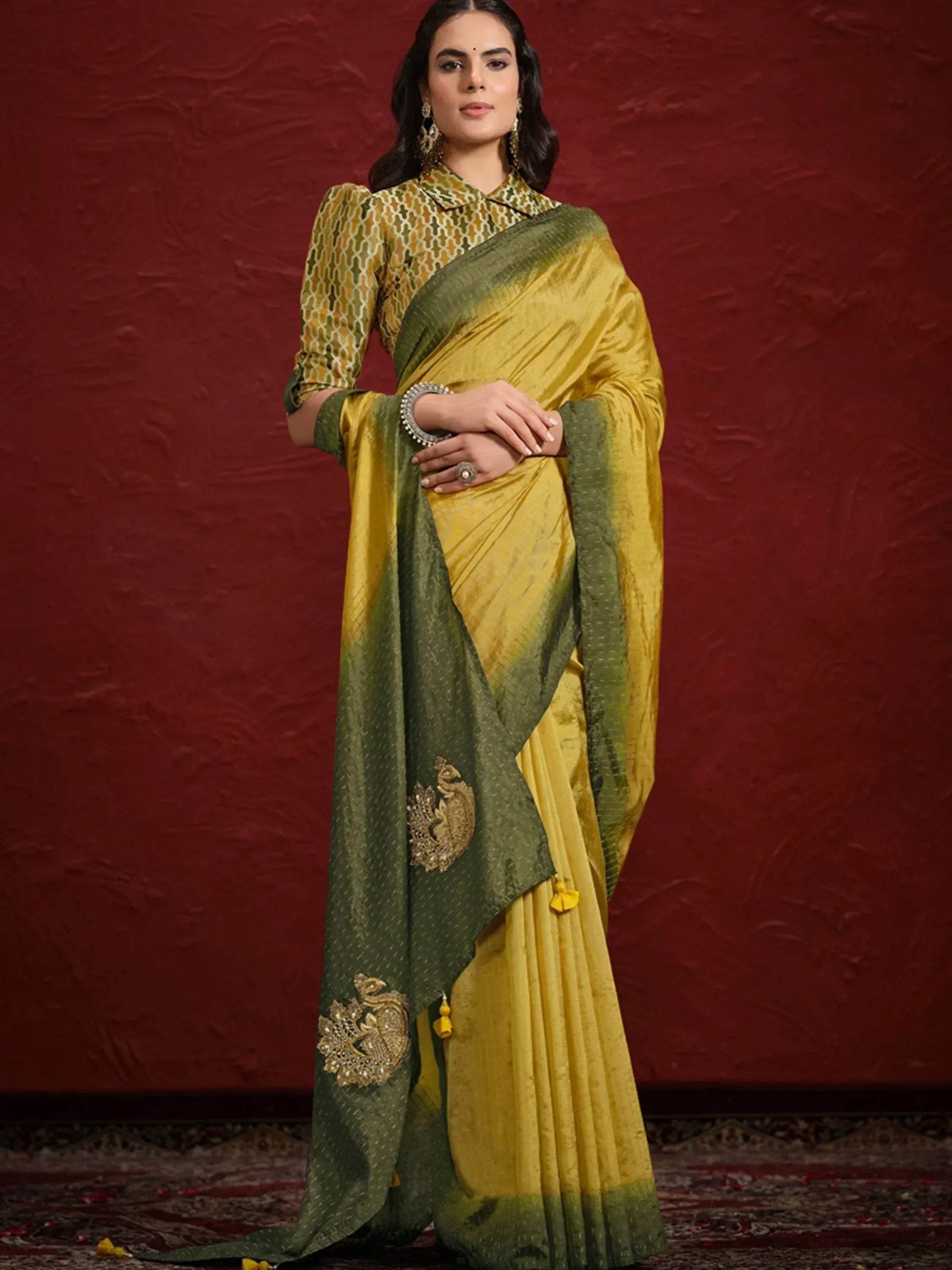 Yellow and green designer saree with peacock embroidery, perfect for Indian ethnic wear occasions