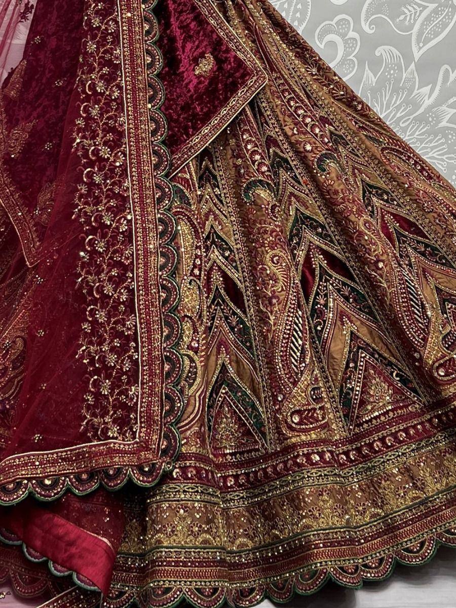 Maroon velvet lehenga with gold embroidery and scalloped border, Indian ethnic wear