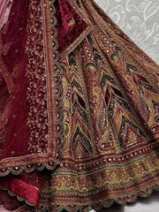 Gorgeous Maroon Embroidered Bridal Velvet Lehenga Choli