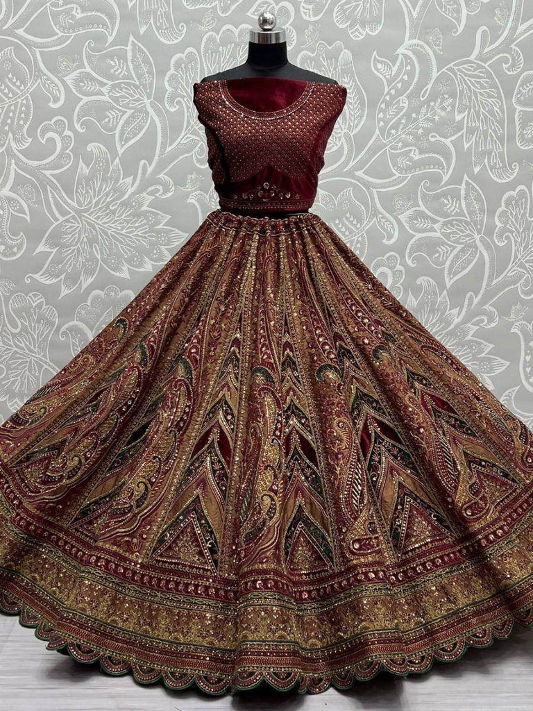 Gorgeous Maroon Embroidered Bridal Velvet Lehenga Choli