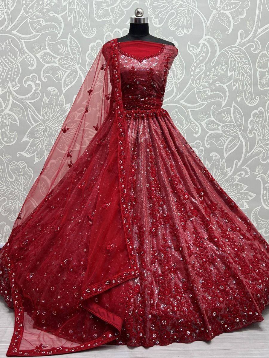 Red sequined lehenga choli with sheer dupatta, ethnic Indian wedding wear
