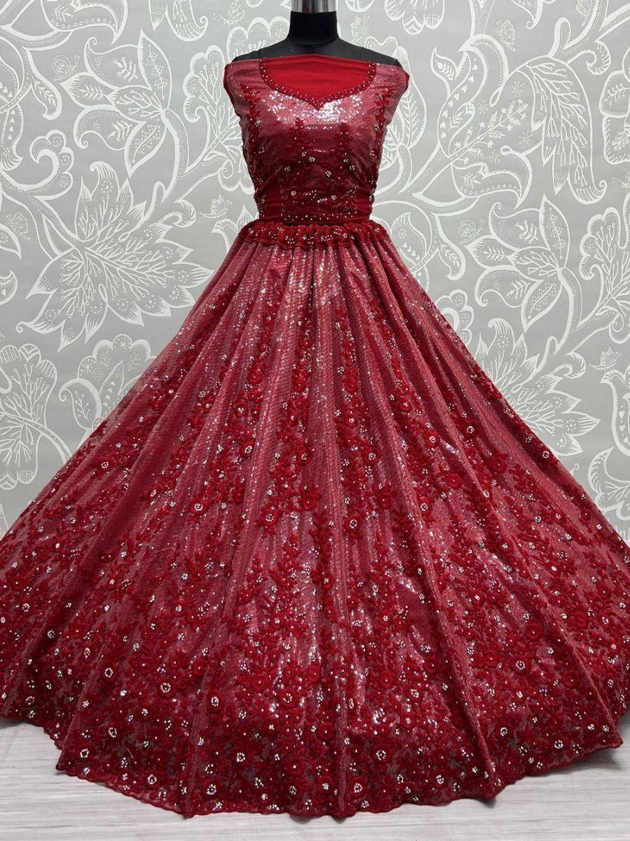 Red sequin ethnic gown with floral embroidery, perfect for Indian weddings and festive occasions