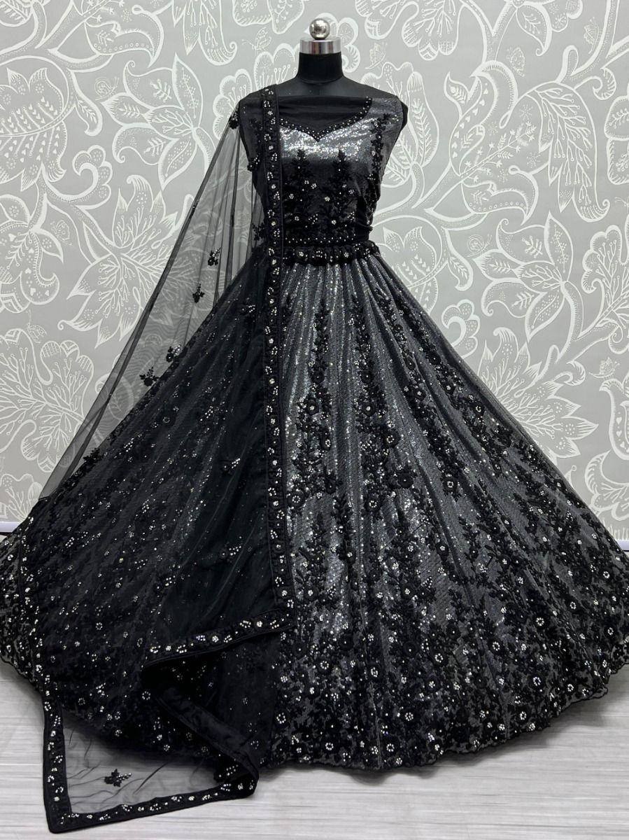 Black sequin lehenga choli with sheer dupatta, ethnic Indian party wear gown