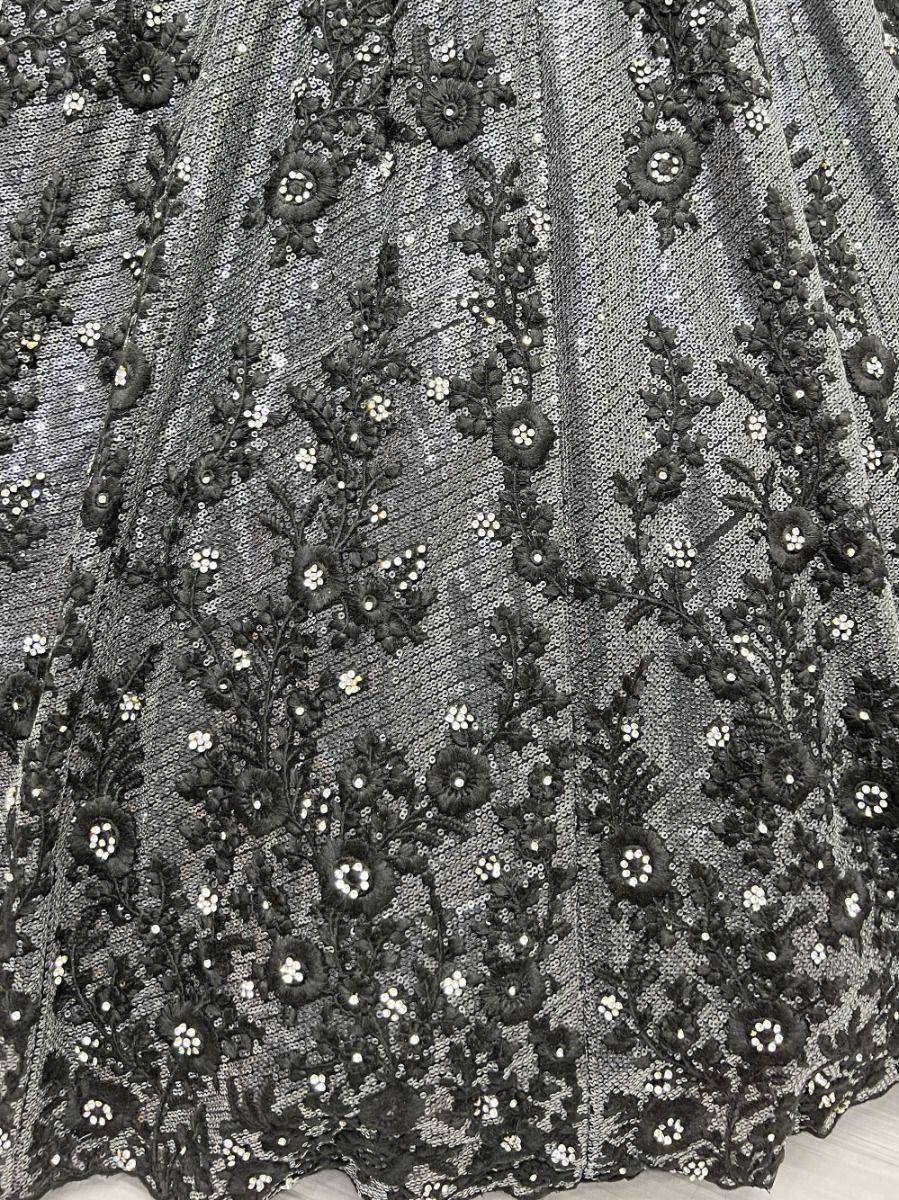 Black sequin lehenga with floral embroidery and beadwork, Indian ethnic wear