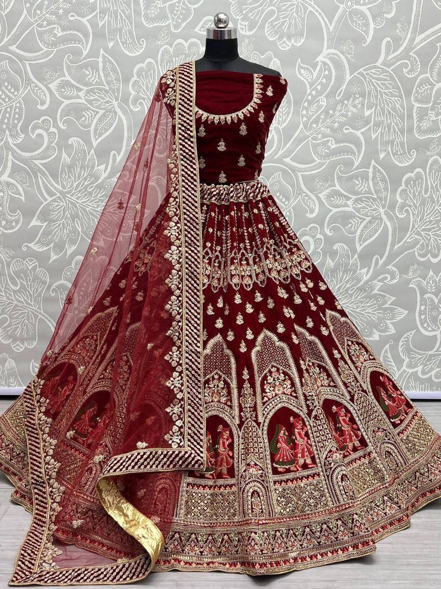 Maroon velvet designer lehenga choli with gold embroidery and sheer dupatta, Indian ethnic wear