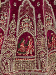 Breathtaking Hot Pink Zari Work Velvet Bridal Lehenga Choli