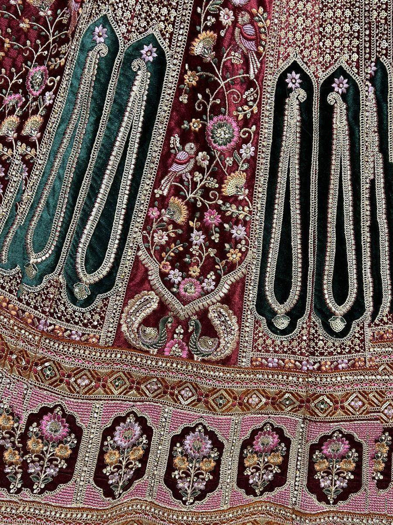 Queenly Maroon Fancy Embroidered Velvet Designer Bridal Lehenga choli