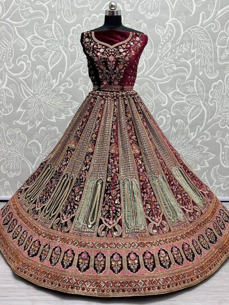 Imperial Wine Fancy Work Velvet Designer Bridal Lehenga Choli