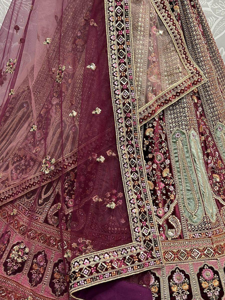 Imperial Wine Fancy Work Velvet Designer Bridal Lehenga Choli