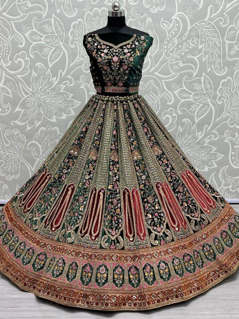 Enchanted Green Fancy Embroidered Velvet Designer Bridal Lehenga choli