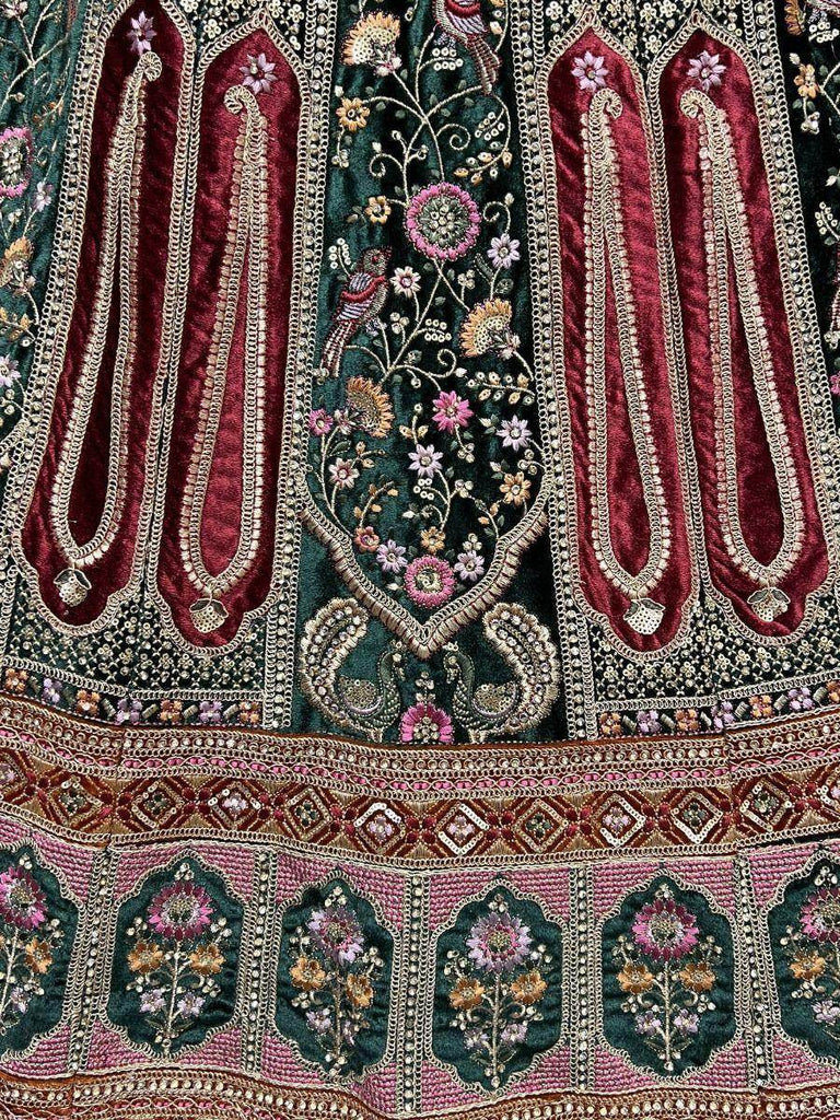Enchanted Green Fancy Embroidered Velvet Designer Bridal Lehenga choli
