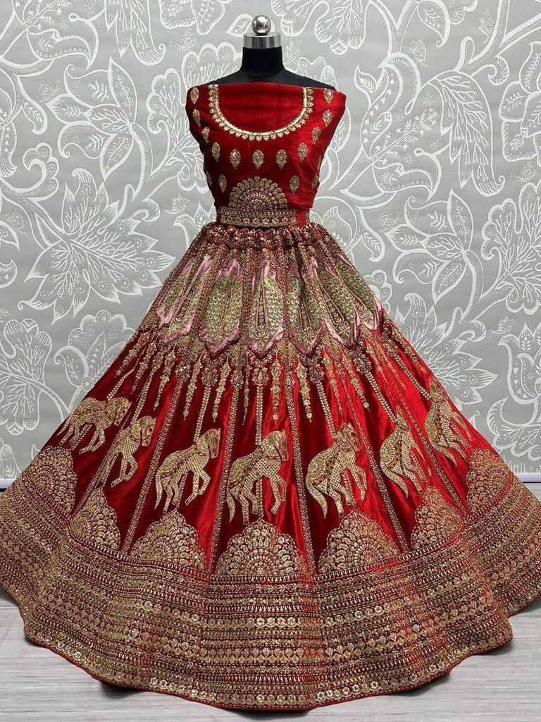 Mystique Red Metallic Zari Embroidered Velvet Bridal Lehenga Choli