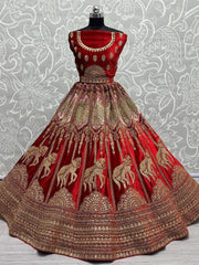 Mystique Red Metallic Zari Embroidered Velvet Bridal Lehenga Choli