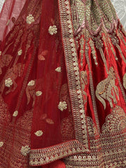 Mystique Red Metallic Zari Embroidered Velvet Bridal Lehenga Choli