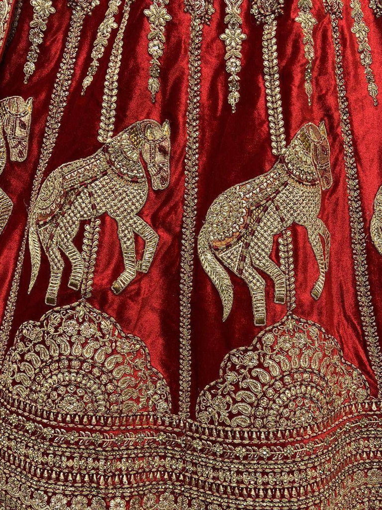 Mystique Red Metallic Zari Embroidered Velvet Bridal Lehenga Choli