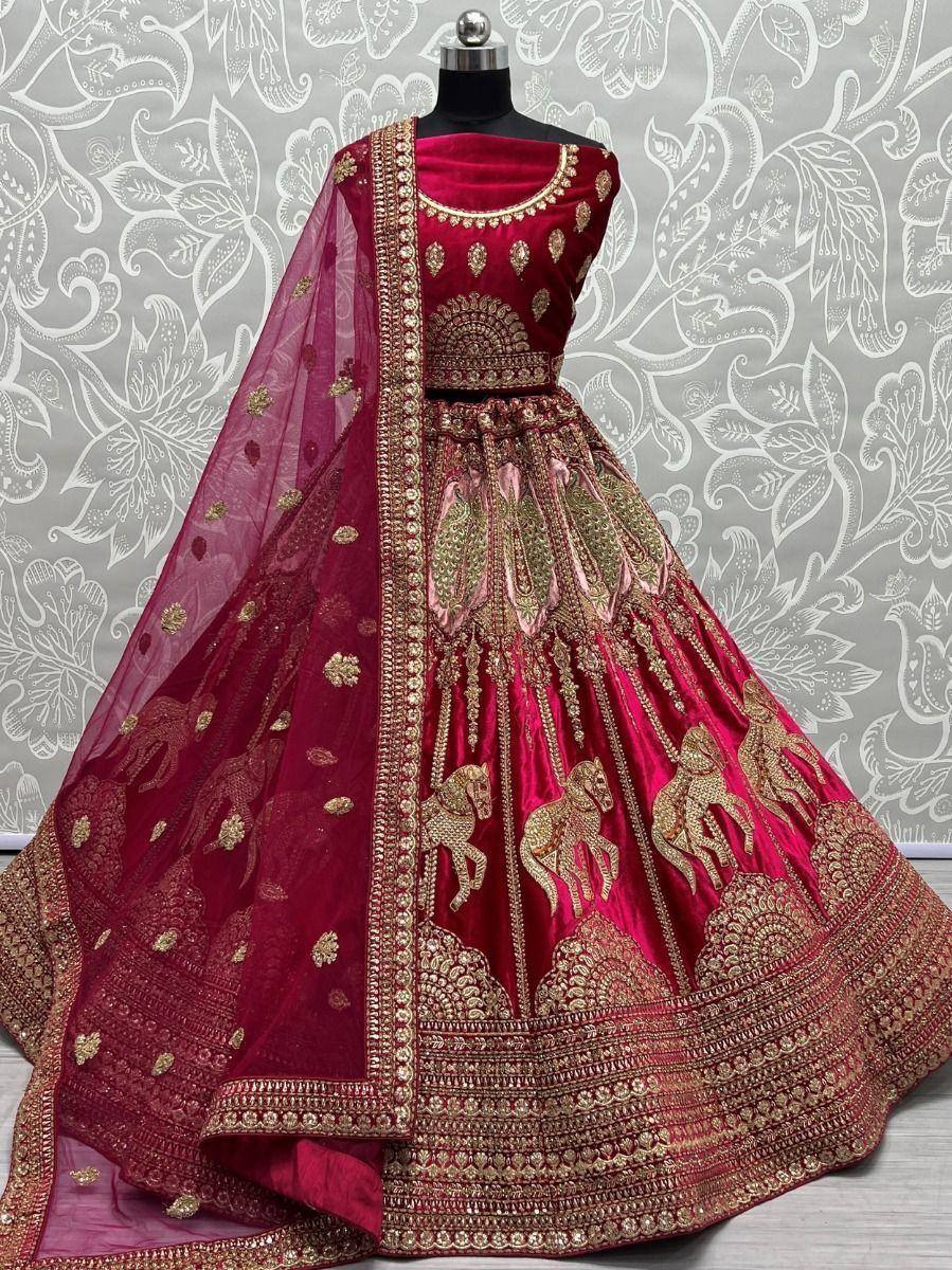 Maroon velvet lehenga choli with gold horse embroidery and sheer dupatta, Indian ethnic wear