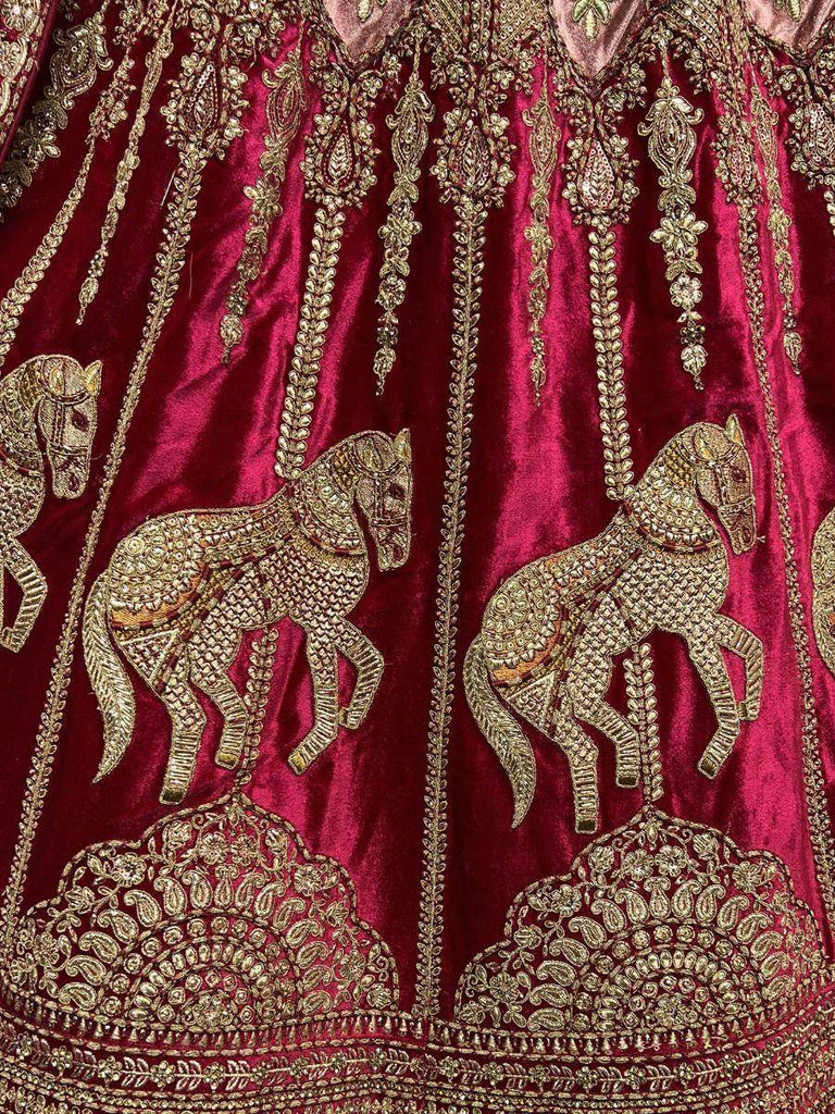 Babelicious Pink Metallic Zari Embroidered Velvet Bridal Lehenga
