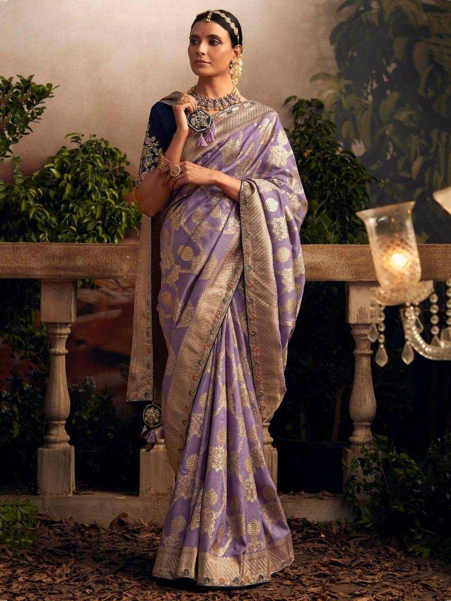 Purple and gold designer saree with intricate embroidery, perfect for Indian ethnic wear occasions