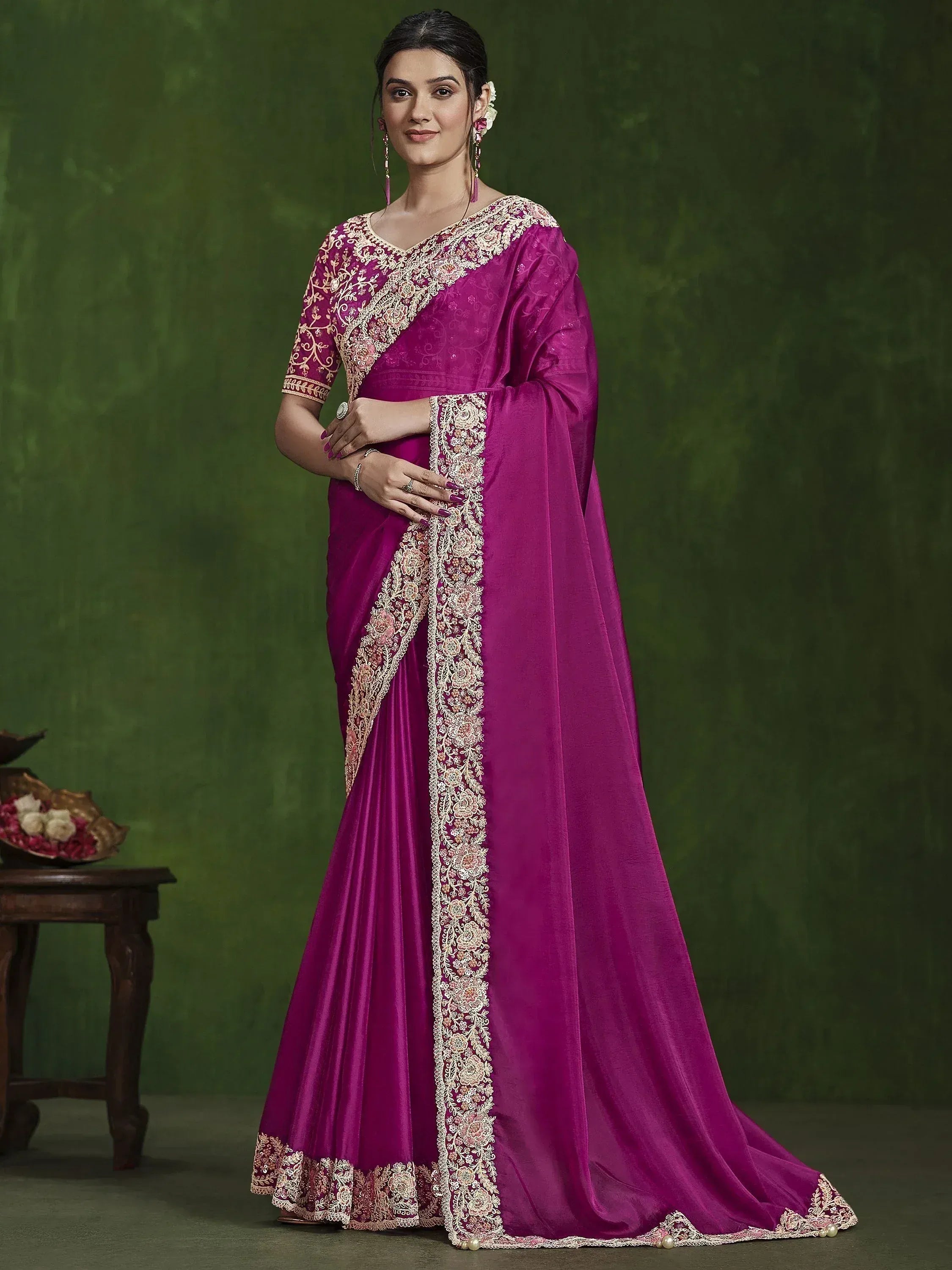 Elegant magenta saree with gold floral embroidery, perfect for Indian ethnic occasions and festive wear.