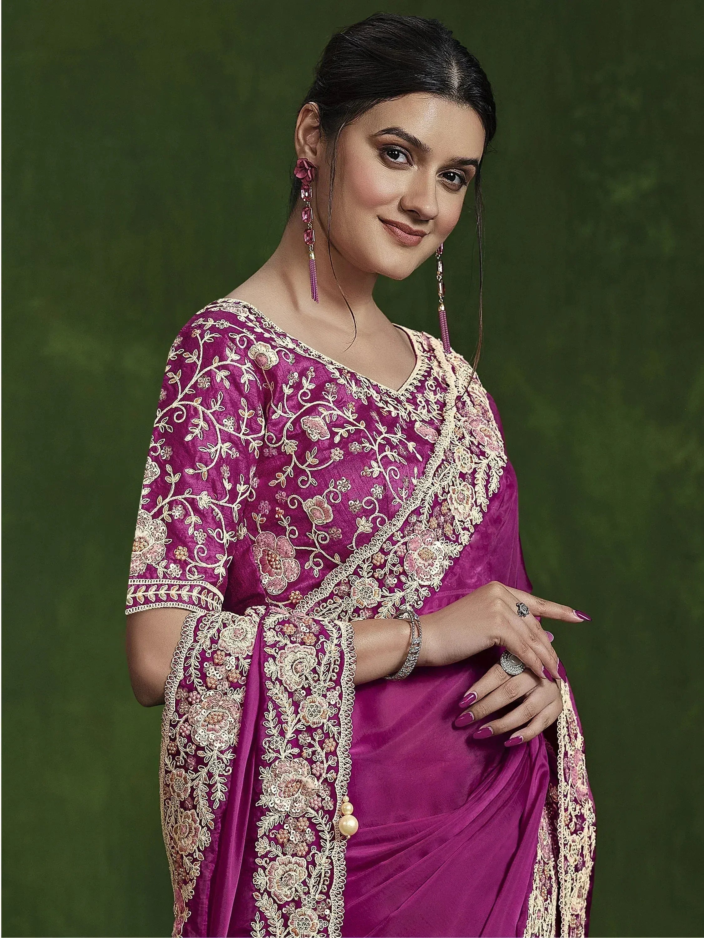 Purple embroidered saree with gold floral work, perfect for Indian ethnic wear occasions