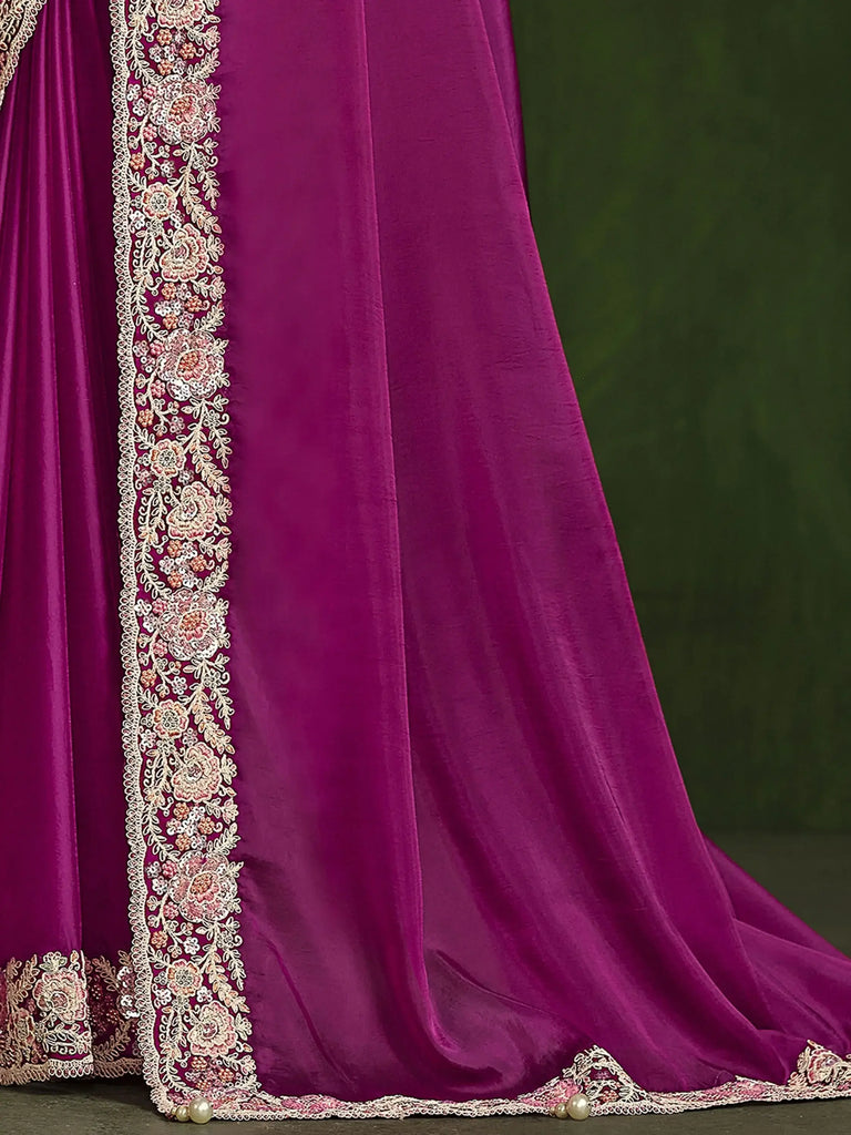 Magnetic Magenta Thread Embroidered Silk Event Wear Saree With Blouse