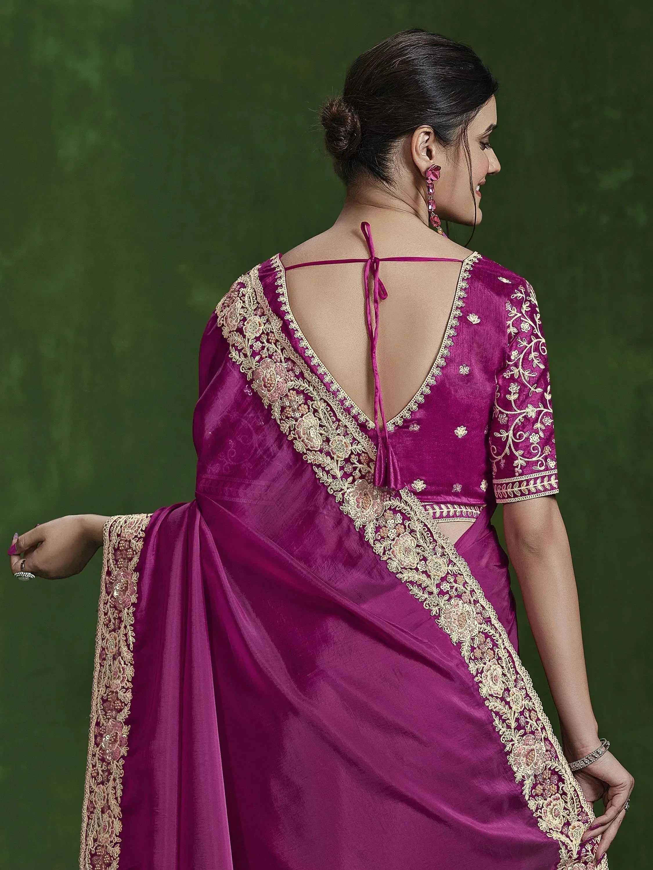 Purple designer saree with gold embroidery and back tie blouse, Indian ethnic wear