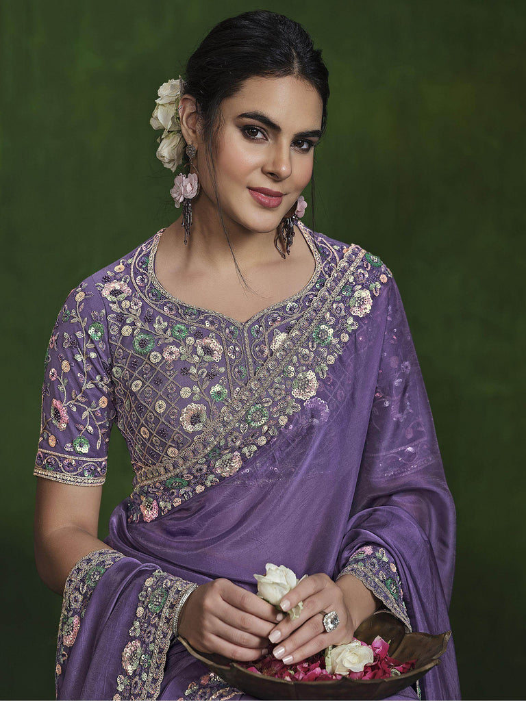 Lovable Purple Sequins Work Silk Wedding Wear Saree With Blouse