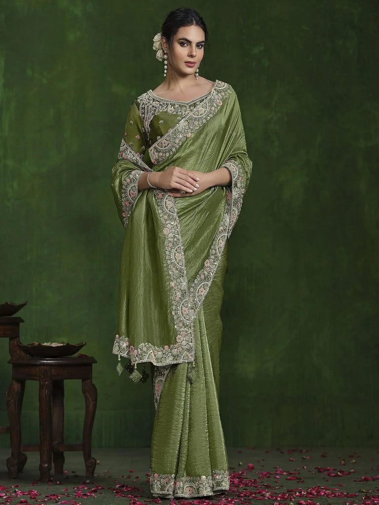 Awesome Olive Green Sequins Silk Function Wear Saree With Blouse