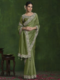 Awesome Olive Green Sequins Silk Function Wear Saree With Blouse