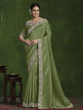 Awesome Olive Green Sequins Silk Function Wear Saree With Blouse