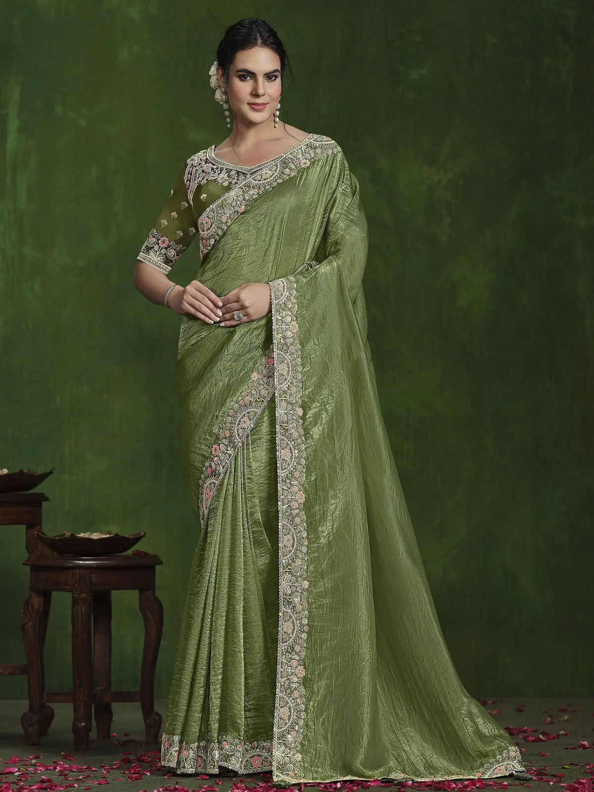Awesome Olive Green Sequins Silk Function Wear Saree With Blouse