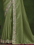 Awesome Olive Green Sequins Silk Function Wear Saree With Blouse