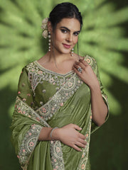 Awesome Olive Green Sequins Silk Function Wear Saree With Blouse