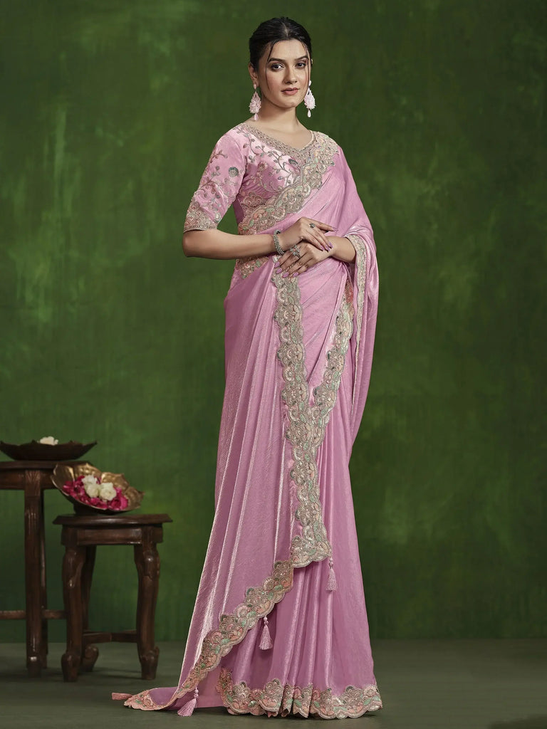 Delightful Baby Pink Sequins Satin Silk Event Wear Saree With Blouse