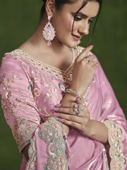 Delightful Baby Pink Sequins Satin Silk Event Wear Saree With Blouse