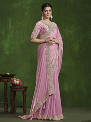 Delightful Baby Pink Sequins Satin Silk Event Wear Saree With Blouse