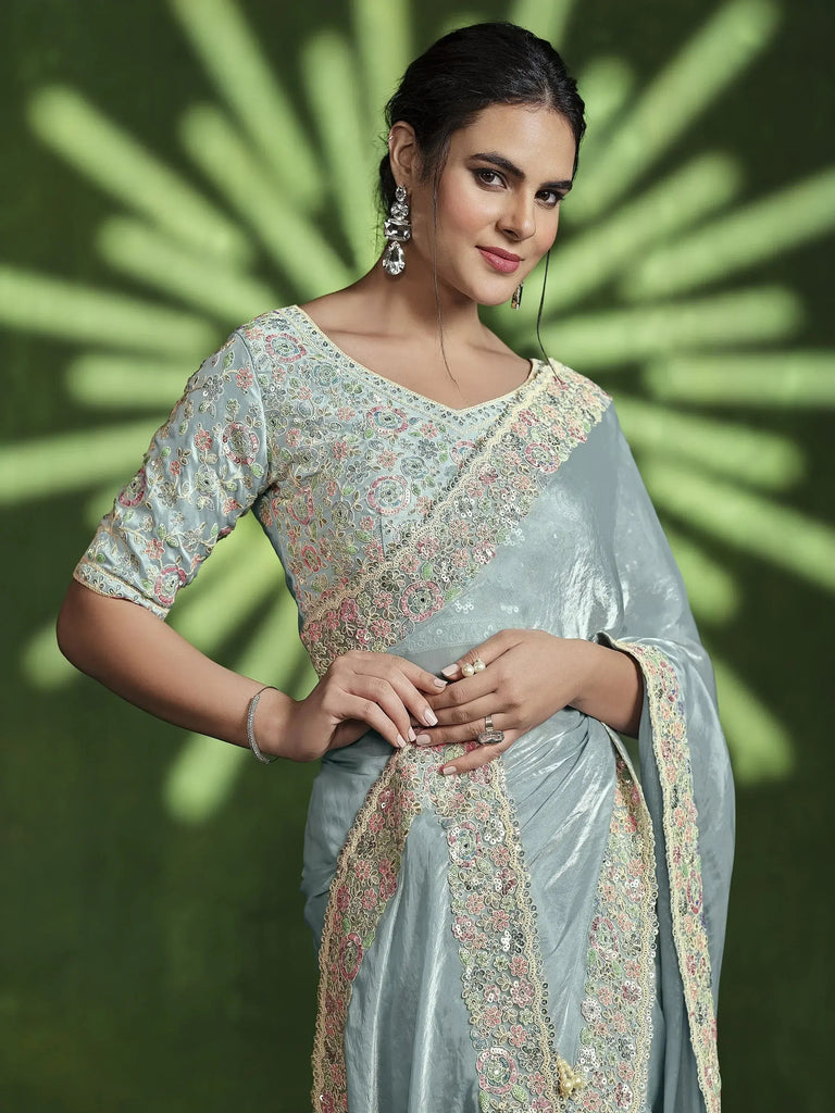 Amazing Sea Green Sequins Satin Silk Wedding Wear Saree With Blouse