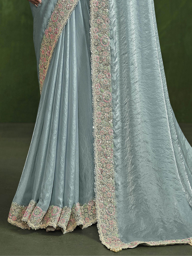 Amazing Sea Green Sequins Satin Silk Wedding Wear Saree With Blouse