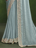 Amazing Sea Green Sequins Satin Silk Wedding Wear Saree With Blouse