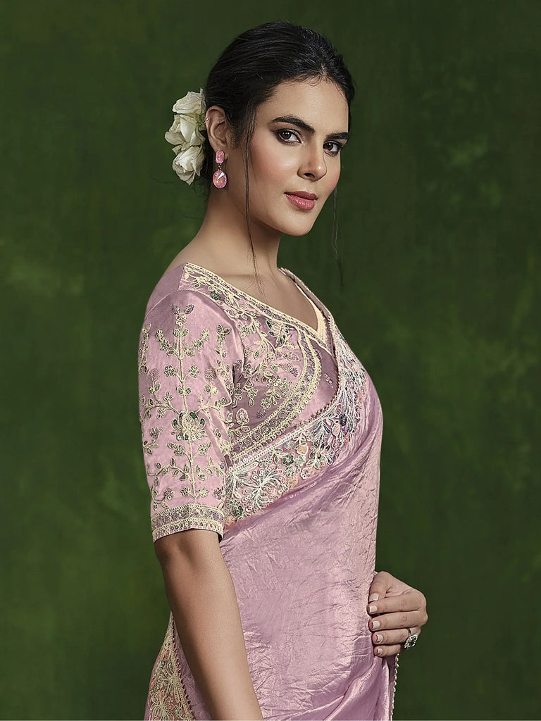Fantastic Light Pink Sequins Silk Function Wear Saree With Blouse