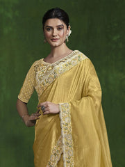 Fantastic Mustard Sequins Silk Function Wear Saree With Blouse