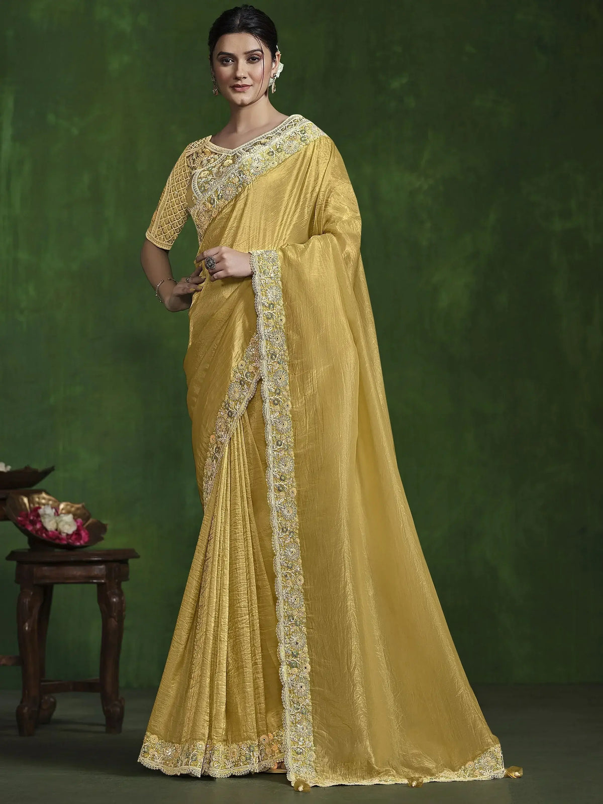 Fantastic Mustard Sequins Silk Function Wear Saree With Blouse