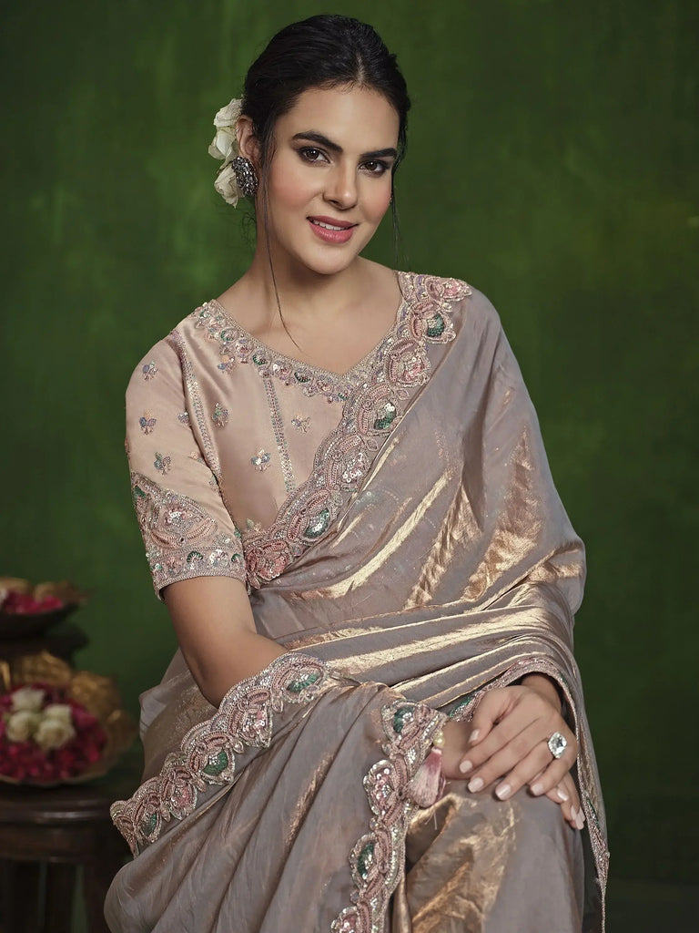 Marvelous Beige Color Sequins Satin Silk Event Wear Saree With Blouse