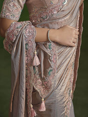 Marvelous Beige Color Sequins Satin Silk Event Wear Saree With Blouse