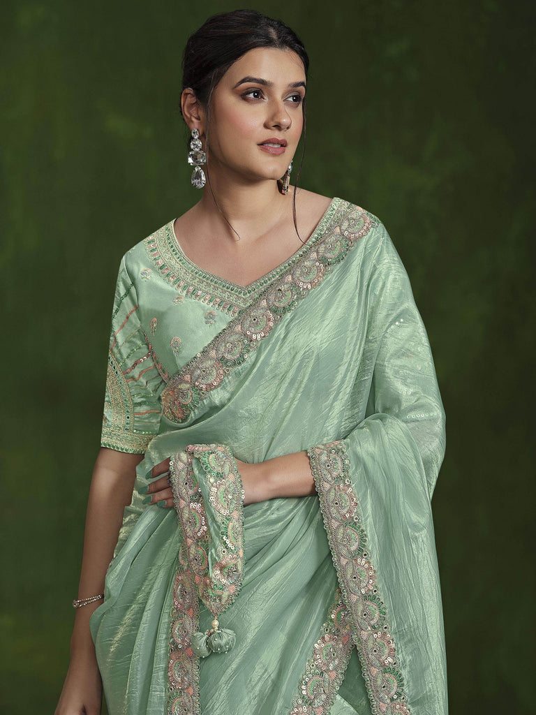 Glorious Light Green Sequins Silk Wedding Wear Saree With Blouse