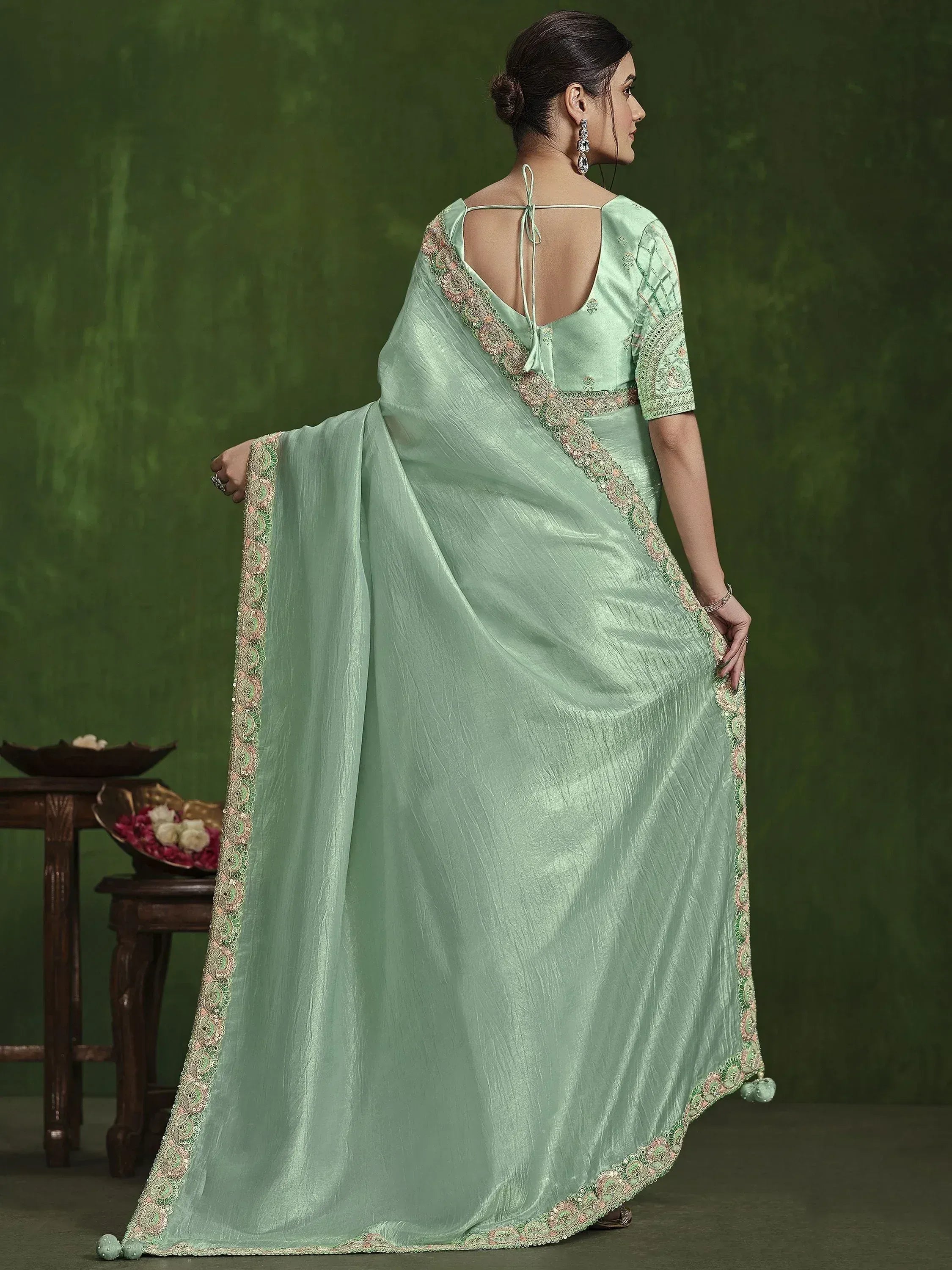 Mint green designer saree with embroidered border and back tie blouse, ethnic Indian wear
