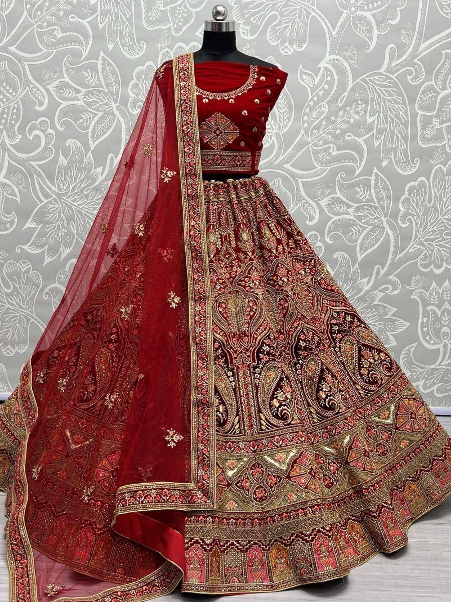 Red velvet lehenga choli with gold embroidery and sheer dupatta, Indian ethnic wear