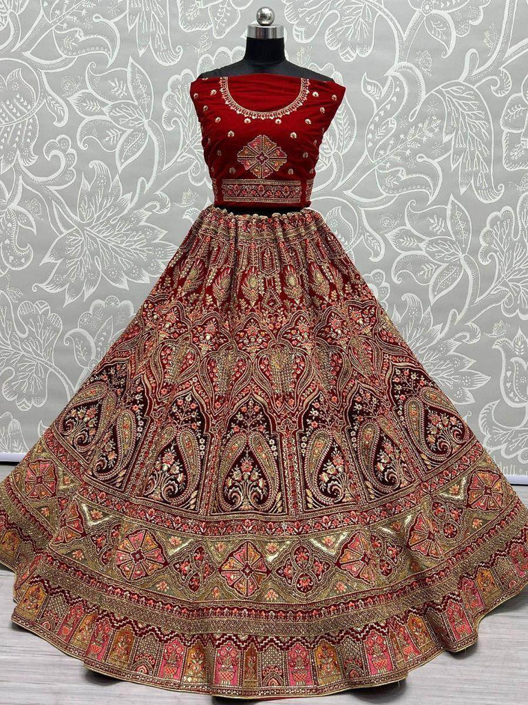Pretty Red Fancy Embroidered Velvet Bridal Lehenga Choli